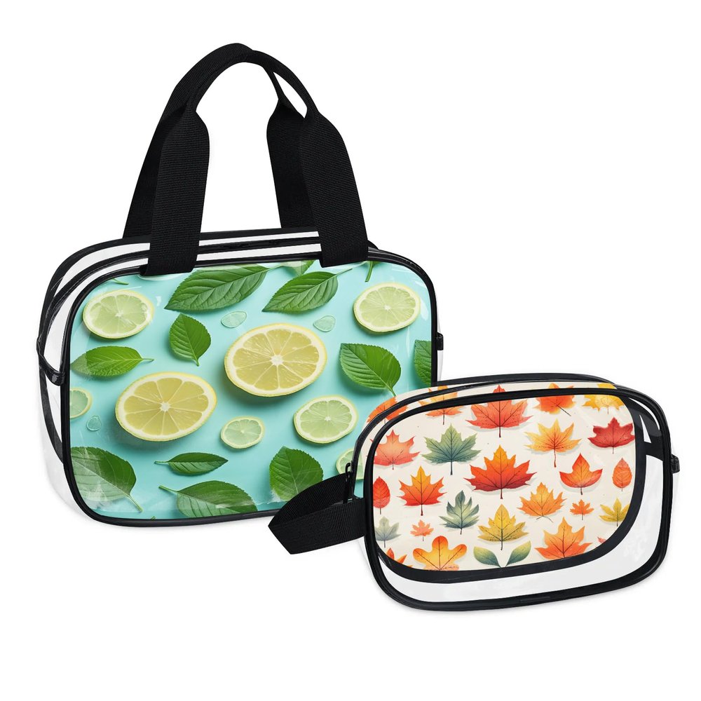 AGHESOTH Clear Bag PVC Organizer Cosmetic Bags Travel Toiletry Carry On Airport Airline Compliant Handbag for Women Men Luggage Pouch Set Of 2 Clear Makeup Bag for Concerts Lemon Green Leaves