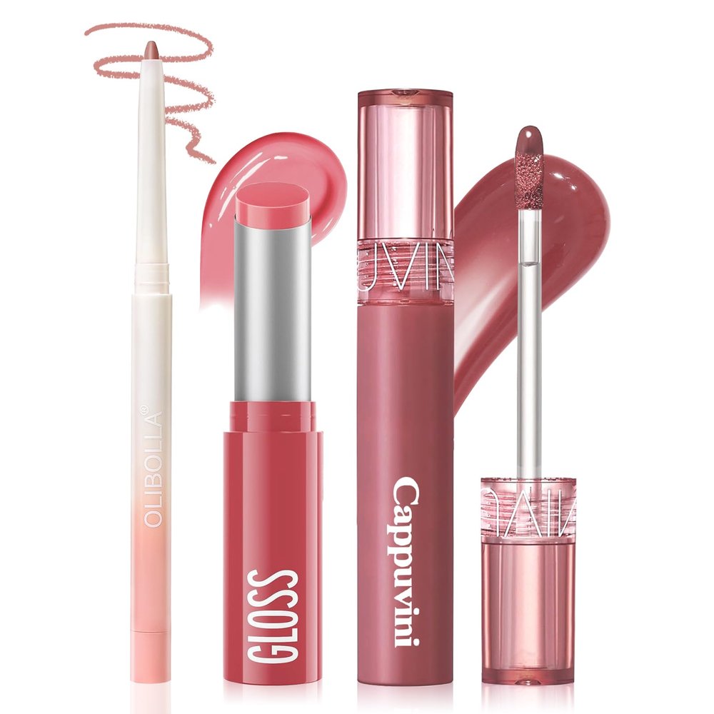 3PCS Lip Combo Set - Matte Lip Liner Pencil + Hydrating Tinted Lip Balm + Juicy Lip Gloss Tint, Non-Sticky, Long-Lasting, High Pigment Lip Makeup Kit (Sweet Fig Set)