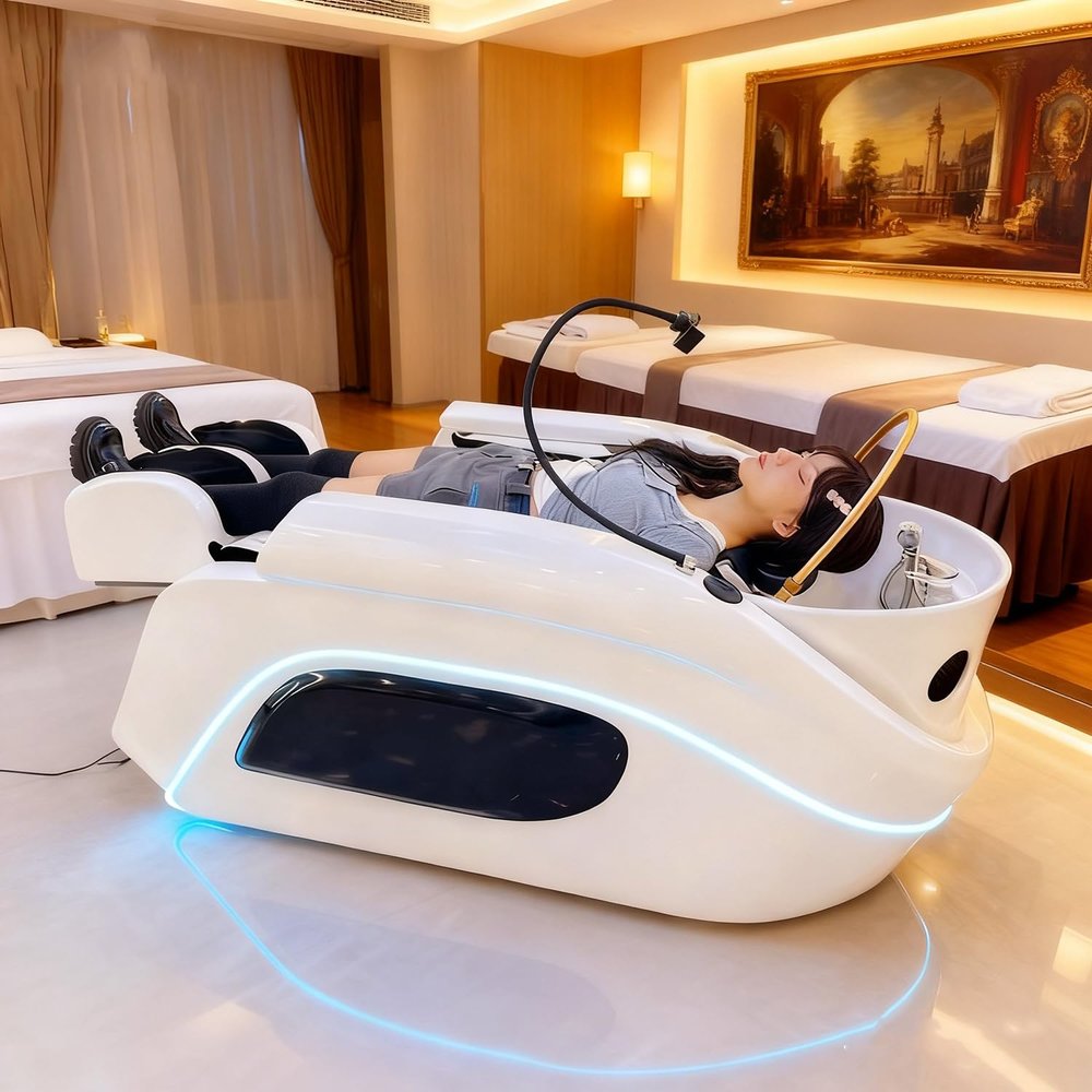CHEEMHOM Head SPA Shampoo Bed Waterfall Head Spa Equipment Smart Massage, Massage Shampoo Bed Geometric Texture Arc LED Light, Phone Holder