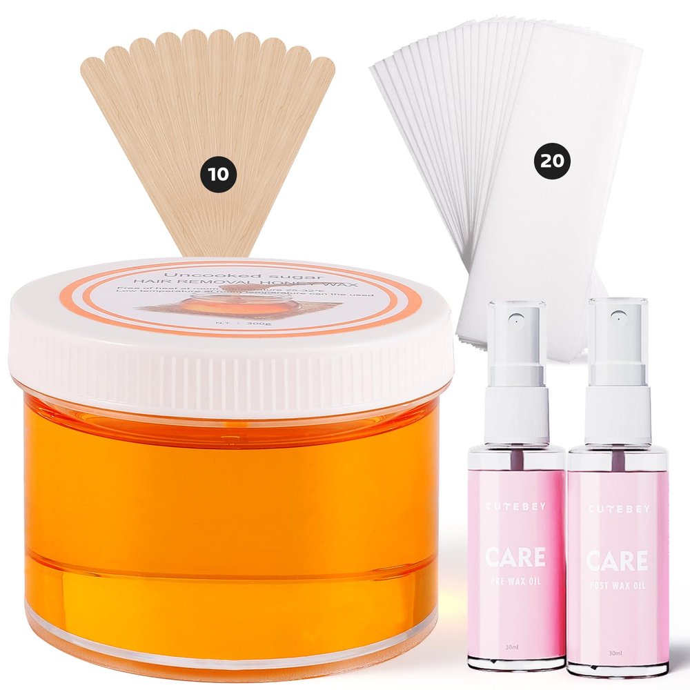 Sugar Wax Kit Suagring Kit: 300g/10.6oz Organic Sugaring Paste for Body Hair Removal - Includes Wax Strips & Sticks, Pre and Post Care Oils