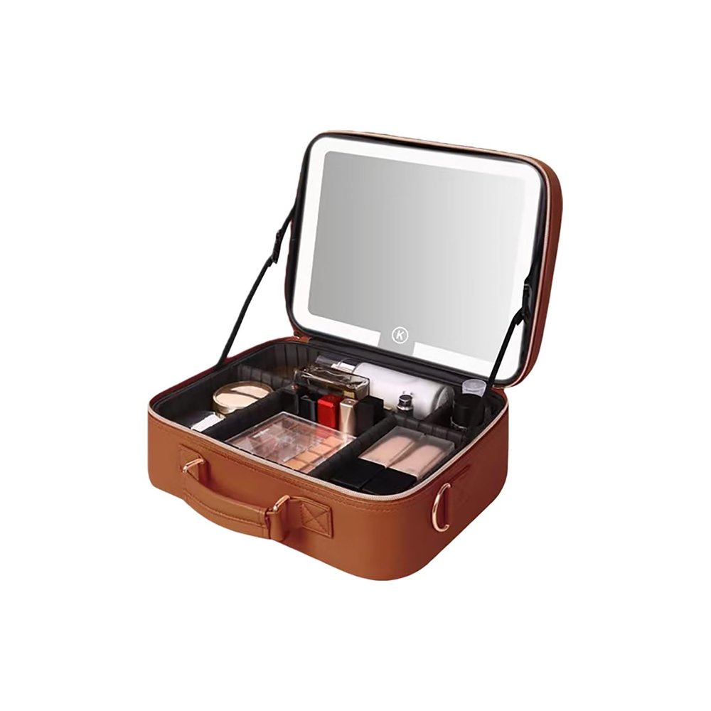 Acronmers Leather Makeup Case with LED Lighted Mirror Travel Makeup Bag Makeup Organizer Train Case Portable Make up Bag Vanity Mirror, with Brush Holder & Storage Dividers(Brown)
