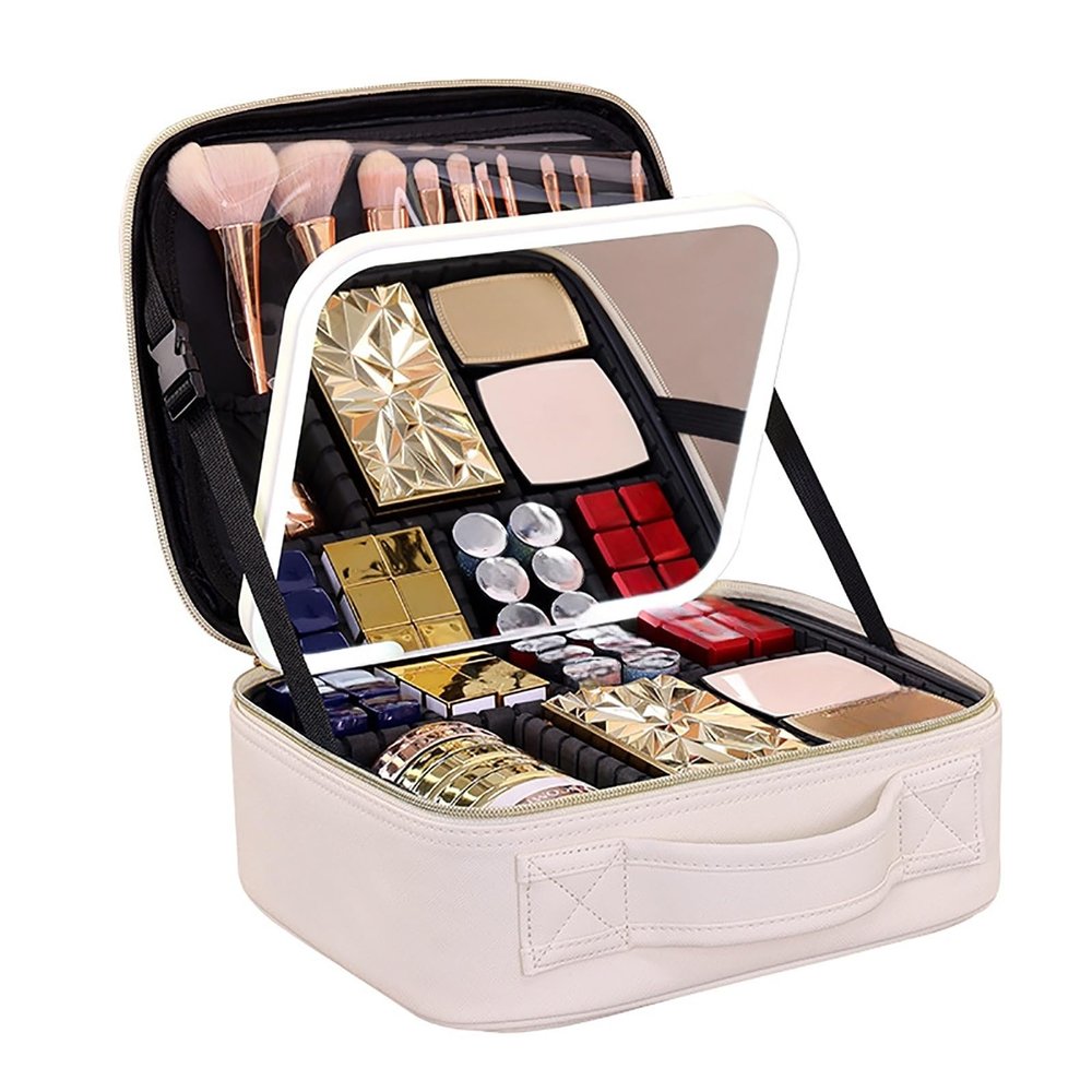 Acronmers Makeup Train Case with Light & Mirror Large Cosmetic Organizer with Adjustable Dividers for Cosmetics Travel Make up Bag for Pool Parties Work Touch-Ups