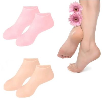2 Pairs Silicone Socks for Dry Cracked Feet Women,Silicones Moisturizing Socks,Foot Spa Pedicure Silicone Socks for Repairing Dry Feet,Cracked Heels (Pink & Beige, Small(fits up to Size 7))