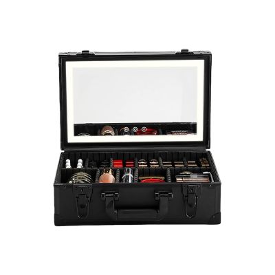 Acronmers Makeup Travel Train Case with Mirror LED Light Cosmetic Bag Portable Storage Adjustable Partition Waterproof Makeup Brushes for Pool Parties Work Touch-Ups