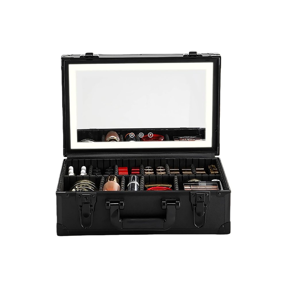 Acronmers Makeup Travel Train Case with Mirror LED Light Cosmetic Bag Portable Storage Adjustable Partition Waterproof Makeup Brushes for Pool Parties Work Touch-Ups