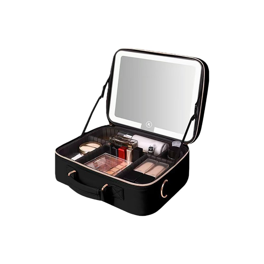 Acronmers Leather Makeup Case with LED Lighted Mirror Travel Makeup Bag Makeup Organizer Train Case Portable Make up Bag Vanity Mirror, with Brush Holder & Storage Dividers(Black)