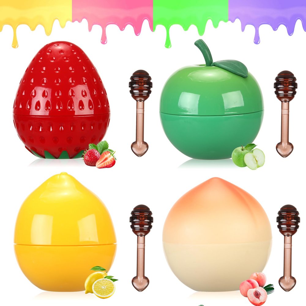 4 PCS Bee Lip Balm Lip Mask Fruit Pot, Strawberry & Apple & Lemon & Peach Moisturizing Lip Mask with Stick,Reduce Fine Lines,Galentines Gifts,Valentines Day Gifts,Small Gifts, Skincare