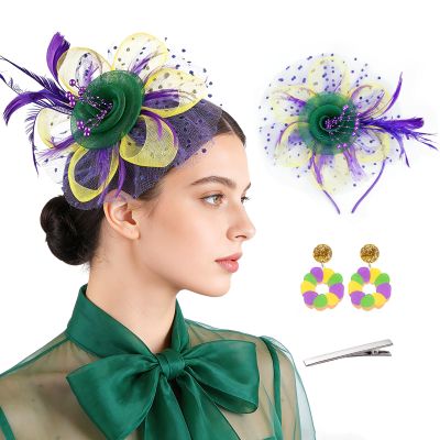 Mardi Gras Fascinators for Women, 2-in-1 Feather Mesh Headband, Mardi Gras Hair Accessories Headpiece for Carnival Tea Party