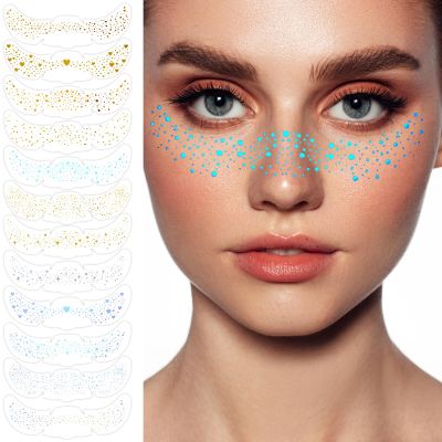 12 pcs Glitter Freckles Holographic Face Body Glitter Tattoo Sparkle Gold Glow Cosmetic Cute Star Temporary Face Tattoo Waterproof Sweatproof Sparkle Speckles Patches for Women Festival Rave Party