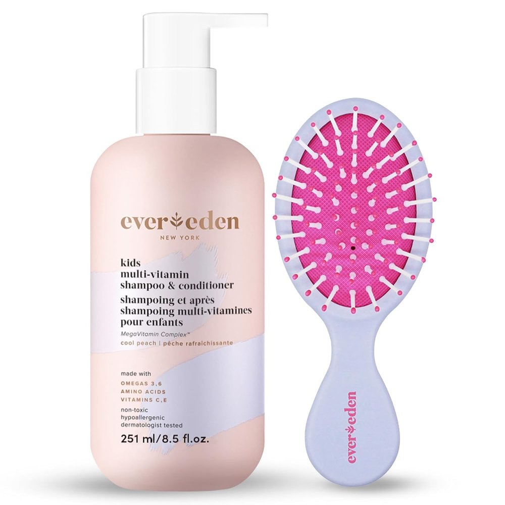 Evereden Kids Hair Care: 2 in 1 Shampoo and Conditioner in Cool Peach 8.5 fl oz. & Detangling Hair Brush | Gentle, Non-Toxic Haircare for All Hair Types