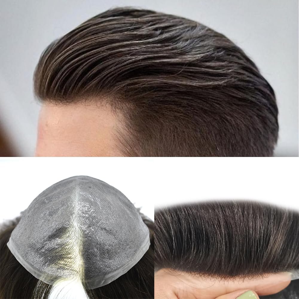LYRICAL HAIR Toupee For Men Ultra Thin Skin V-looped Mens Toupee 0.03mm Transparent Full Poly Pu Human Hair Wig Hairpiece System Natural 7"X9"-110% Light to Medium Density, 2# Darkest Brown