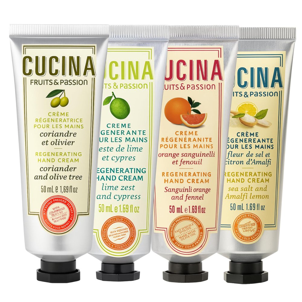 Cucina Fruits & Passion Regenerating Hand Cream Travel Gift Set, 4-Pack  Coriander & Olive Tree, Lime Zest & Cypress, Sanguinelli Orange & Fennel, Sea Salt & Amalfi Lemon (50 mL Each)