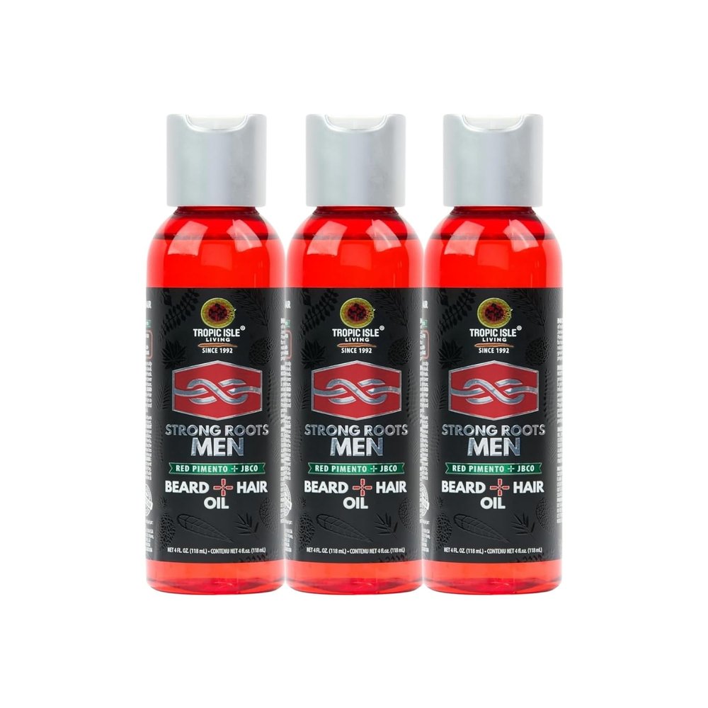 Tropic Isle Living Mens Beard Oil  3x Strong Roots MenBeard + HairOil 4 oz Bundle with Red Pimento, Shea Butter, and JBCO  Moisturizing, Softening, and Shine for Beard and Hair  Gift Set (3 Items)