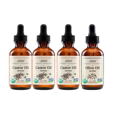 3x 1992 Organic Castor Oil Glass Bottle 2oz Bundle with Extra Virgin Olive Oil 2oz  Pressed, Organic & Versatile for Hair, Skin, Nails  Nourishes, Supports Daily Beauty Routine  Gift Set (4 Items)
