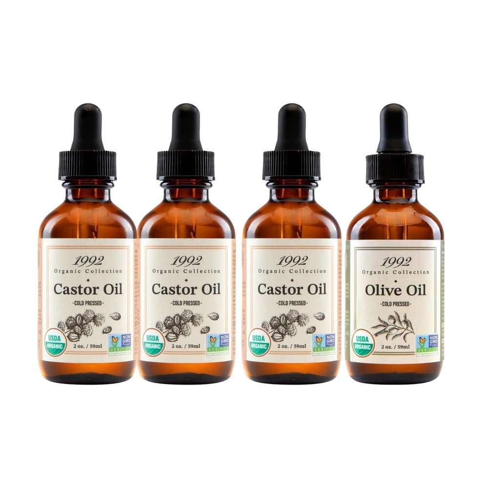 3x 1992 Organic Castor Oil Glass Bottle 2oz Bundle with Extra Virgin Olive Oil 2oz  Pressed, Organic & Versatile for Hair, Skin, Nails  Nourishes, Supports Daily Beauty Routine  Gift Set (4 Items)