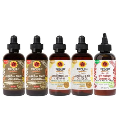 Castor Oil 2x Jamaican Black Castor-Oil XX Dark Bundle with 2x Light Blend and Red Pimento Hair Growth Oil Castor-Oil for Hair & Scalp, Moisture & Oiling Support Gift Set (5 Items)