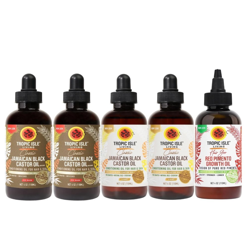 Castor Oil  2x Jamaican Black Castor-Oil XX Dark Bundle with 2x Light Blend and Red Pimento Hair Growth Oil  Castor-Oil for Hair & Scalp, Moisture & Oiling Support  Gift Set (5 Items)