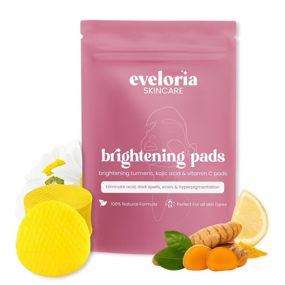 Eveloria Brightening Turmeric & Kojic Acid 30 Face Pads  Gentle Exfoliating & Cleansing Pads for Dark Spots, Uneven Tone & Dull Skin  Natural Glow with Turmeric, Kojic Acid & Vitamin C