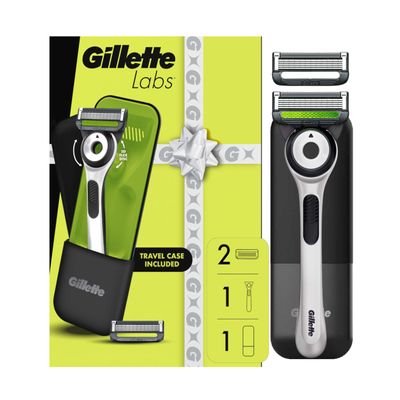 GilletteLabs with Exfoliating Bar Mens Sharp White Edition Handle, 2 Blade Refills and Travel Case, Gift Set
