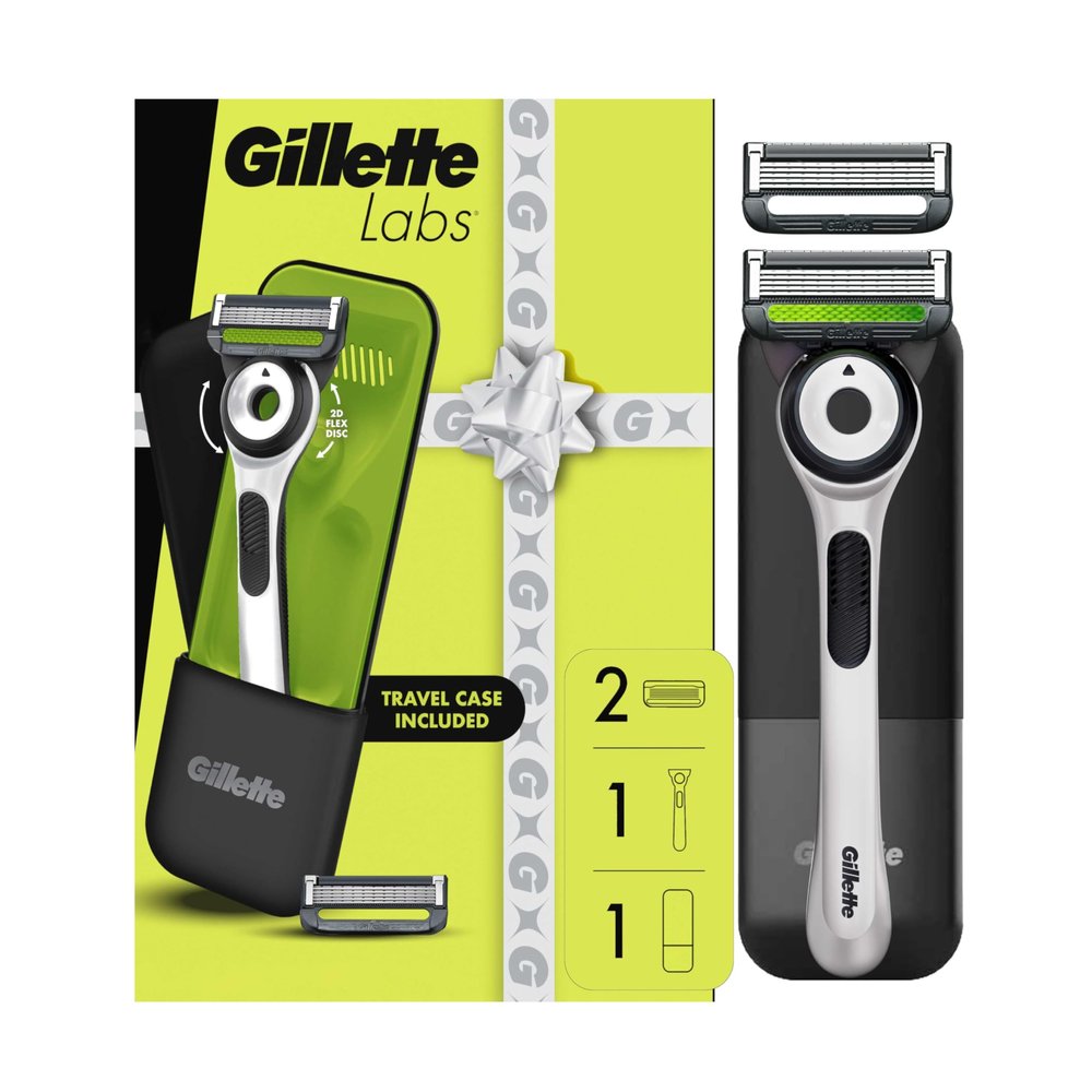 GilletteLabs with Exfoliating Bar Mens Sharp White Edition Handle, 2 Blade Refills and Travel Case, Gift Set