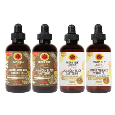 Tropic Isle Living Black Jamaican Castor Oil 2x JamaicanBlack CastorOil XX Dark 4oz Bundle with 2x Jamaican Black Castor Oil Light Blend 4oz Moisturizing, Hair & Skin Care Gift Set (4 Items)