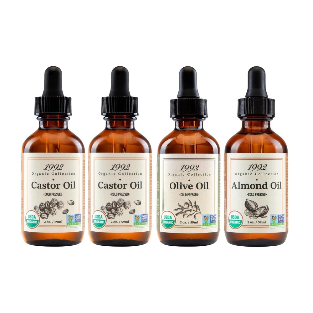2x 1992 Organic Collection Castor Oil 2oz Bundle with Jamaican Black Light Blend 4oz & organic sweet almond oil for skin 2oz  Nourishes Hair, Skin & Natural Oils Gift Set (4 Items)