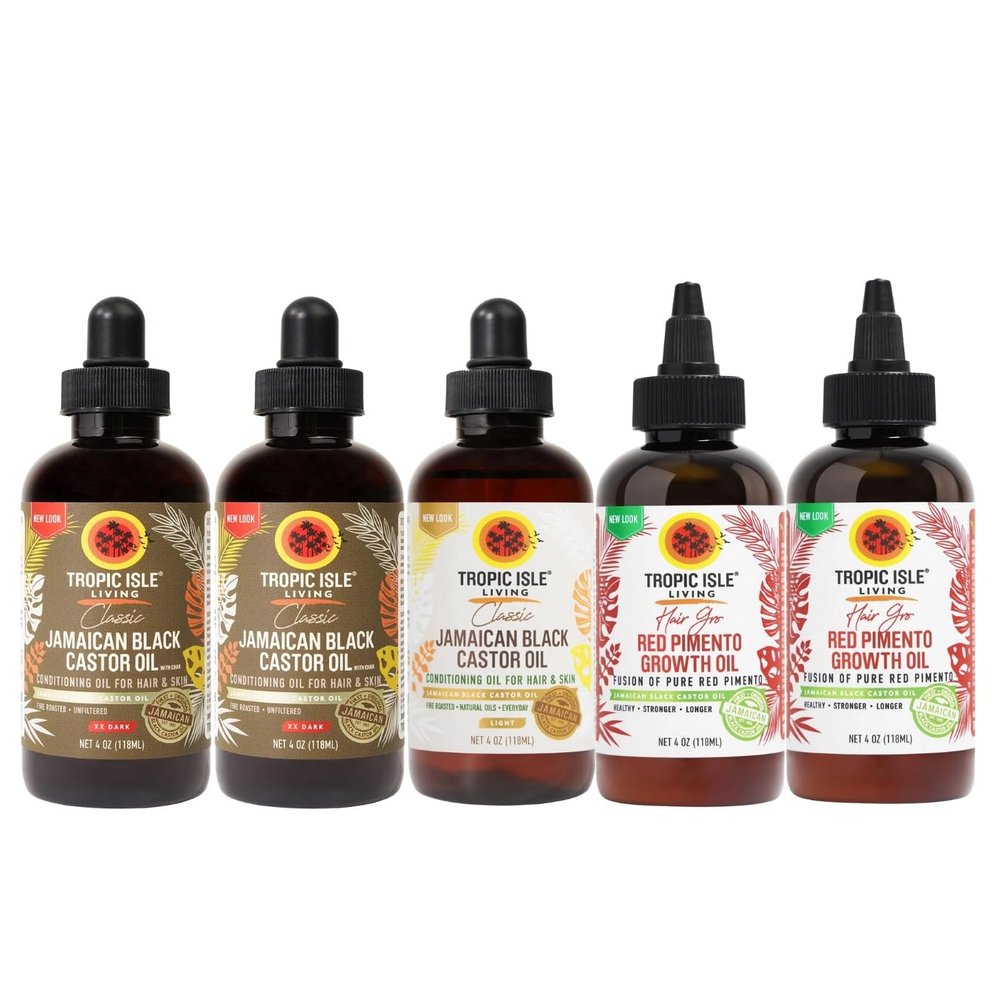 Castor Oil  2x Jamaican Black Castor-Oil XX Dark Bundle with Light Blend and 2x Red Pimento Hair Growth Oil  Castor-Oil for Scalp, Hair Moisture & Conditioning Support  Gift Set (5 Items)
