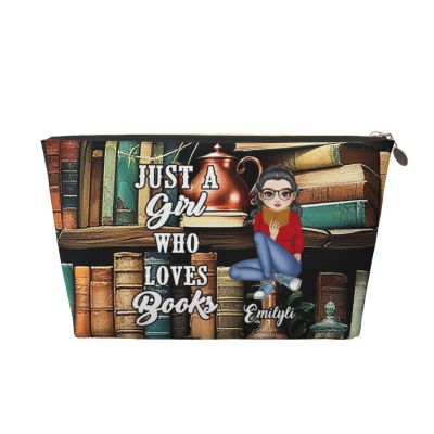 Ayorior Just A Girl Who Loves Books Makeup Bag, Personalized Reading Book Lover Makeup Bags for Women Books Lovers Readers, Custom Name Reading Books Cosmetic Bag Gifts for Bookish Sister Best Friend