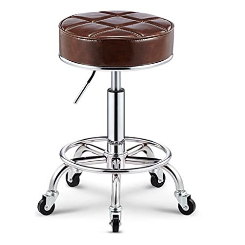 Adjustable Round Rolling Swivel Stool with Wheels, Comfortable PU Leather Seat, Footrest, Ideal for Office, Salon, Spa, Hairdressing, Shop - Brown (Gold)