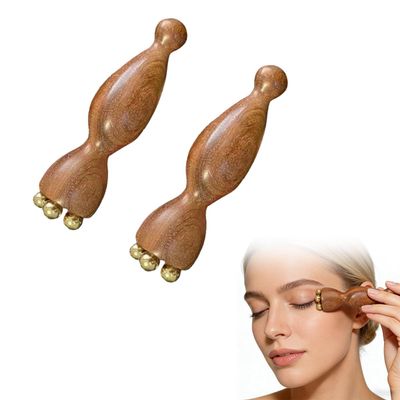 ZKMGYZB 2Pcs Facial Massage Tool for Eye Massage Reduce Puffiness and Dark Circles Facial Meridian Brush Sandalwood Handle Copper Massage Beads Chinese SPA Gua Sha Tool (Sandalwood)