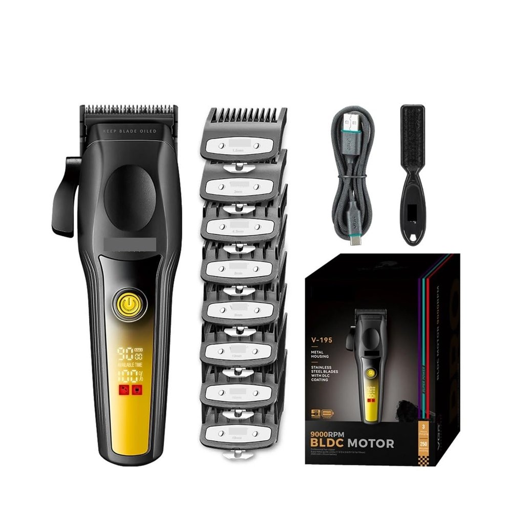 High end Hair Clipper Metal Body Titanium Alloy Sharp Blade Trimmer LCD Intelligent Digital Shaving Machine V-195(Gold)