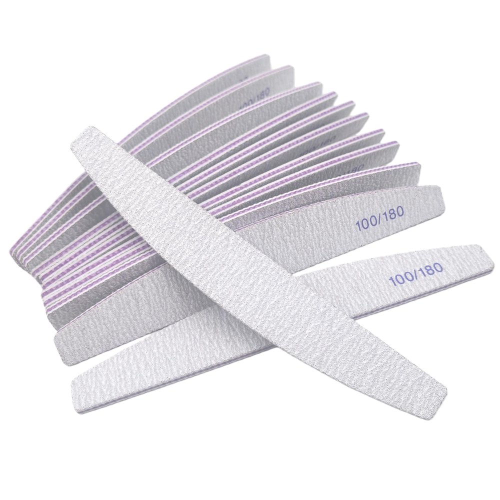 12 Pcs Curved Nail Files - 100/180 Grit Dual-Sided Emery Boards for Acrylic, Gel & Natural Nails, Professional Washable Manicure Tools, Gray Fingernail Filers for Salon & Home Use