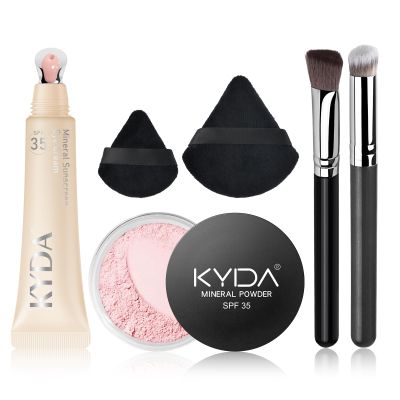 KYDA 6 Pcs Pink Mineral Under Eyes Concealer Kit, Included Eyes Concealer Cream+Loose Setting Powder, SPF 35, Eyes Color Corrector Set, Correct & Conceal Dark Circles, with Brushes and Makeup Puffs