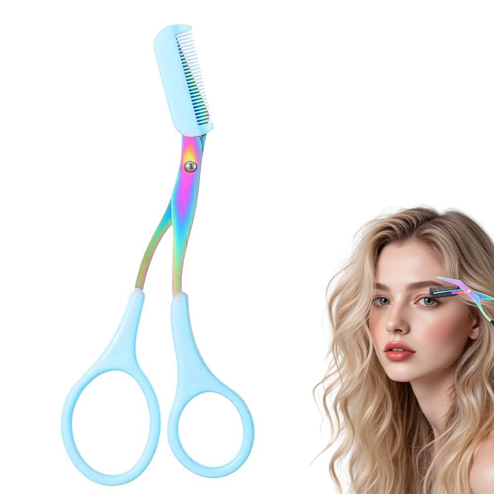 Eyebrow Trimmer Scissor, 2-in-1 Professional Eyebrow Scissor with Comb, Stainless Steel Precision Eyebrow Cutter, Curved Eye Brow Razor, Portable Hair Removal Makeup Tool for Women and Men (Blue)