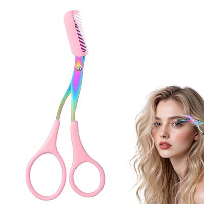 Eyebrow Trimmer Scissor, 2-in-1 Professional Eyebrow Scissor with Comb, Stainless Steel Precision Eyebrow Cutter, Curved Eye Brow Razor, Portable Hair Removal Makeup Tool for Women and Men (Pink)