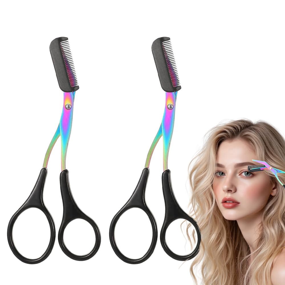 Eyebrow Trimmer Scissor, 2-in-1 Professional Eyebrow Scissor with Comb, Stainless Steel Precision Eyebrow Cutter, Curved Eye Brow Razor, Portable Hair Removal Makeup Tool for Women and Men (Black2Pcx)