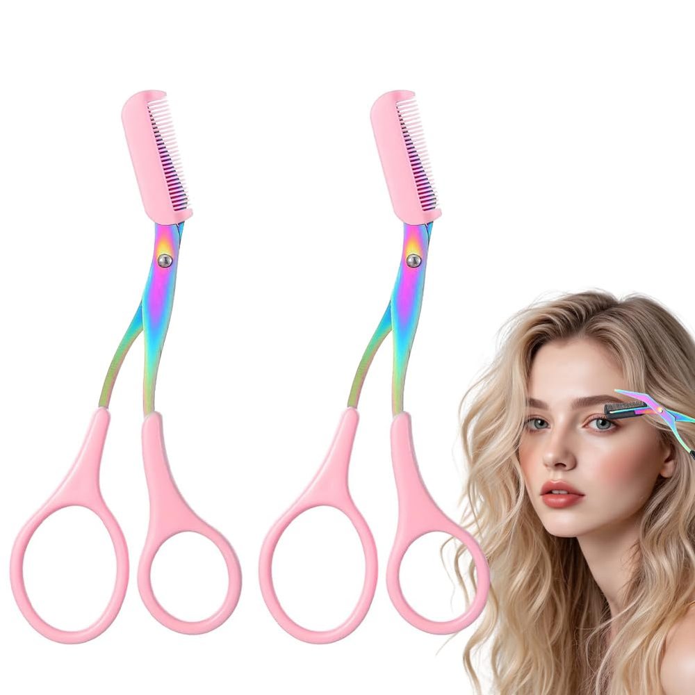 Eyebrow Trimmer Scissor, 2-in-1 Professional Eyebrow Scissor with Comb, Stainless Steel Precision Eyebrow Cutter, Curved Eye Brow Razor, Portable Hair Removal Makeup Tool for Women and Men (Pink2Pcx)