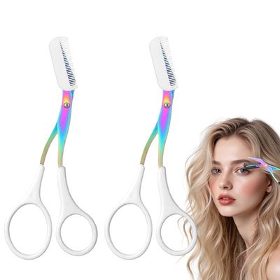 Eyebrow Trimmer Scissor, 2-in-1 Professional Eyebrow Scissor with Comb, Stainless Steel Precision Eyebrow Cutter, Curved Eye Brow Razor, Portable Hair Removal Makeup Tool for Women and Men (White2Pcx)