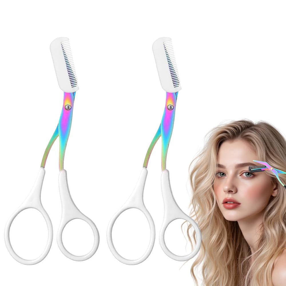 Eyebrow Trimmer Scissor, 2-in-1 Professional Eyebrow Scissor with Comb, Stainless Steel Precision Eyebrow Cutter, Curved Eye Brow Razor, Portable Hair Removal Makeup Tool for Women and Men (White2Pcx)