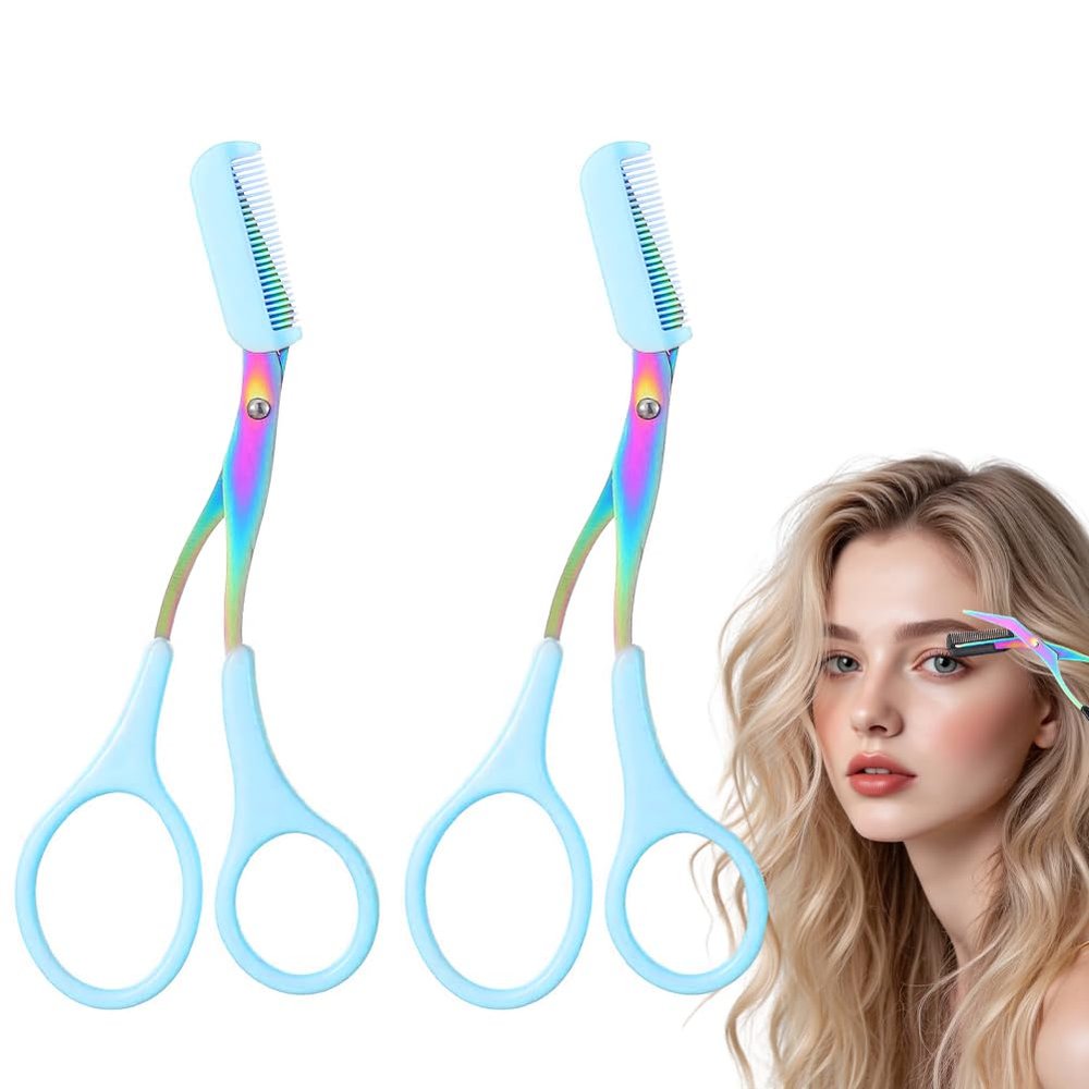 Eyebrow Trimmer Scissor, 2-in-1 Professional Eyebrow Scissor with Comb, Stainless Steel Precision Eyebrow Cutter, Curved Eye Brow Razor, Portable Hair Removal Makeup Tool for Women and Men (Blue2Pcs)