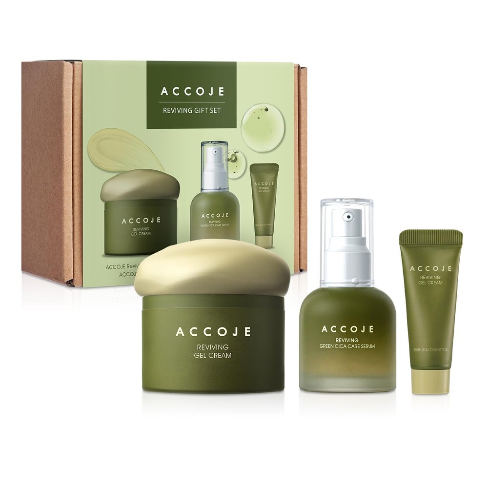 ACCOJE Jeju Cica Serum & Reviving Gel Cream Set, Hydrating Duo for Sensitive/Combination Skin, with Jeju Botanical Extracts, Mini Gel Cream 0.17 fl oz, K-Beauty, 1.69 + 1.69 fl oz