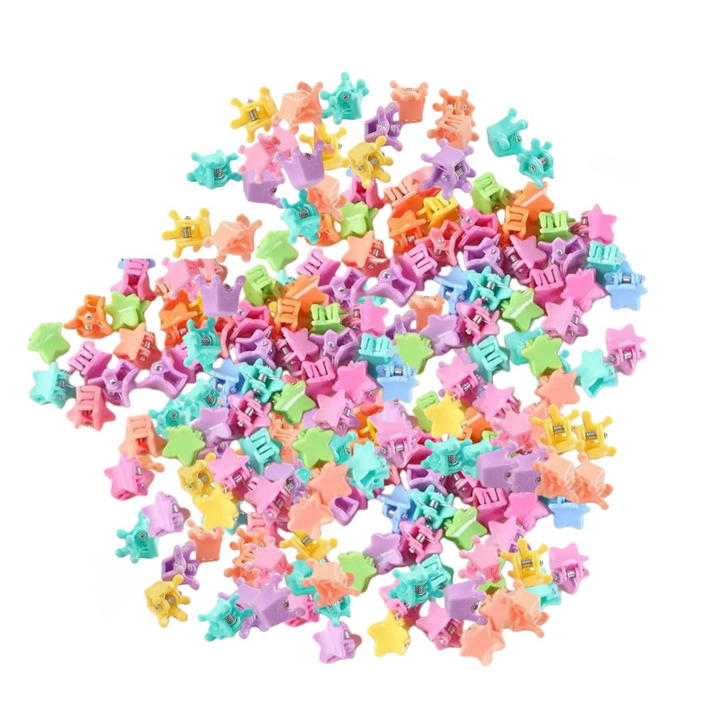 100 PCS Colorful Mini Hair Claw Clips Star & Crown Shape Small Plastic Hair Accessories for Women, Teens, Girls, Party, Bun, Braid & Everyday Styling