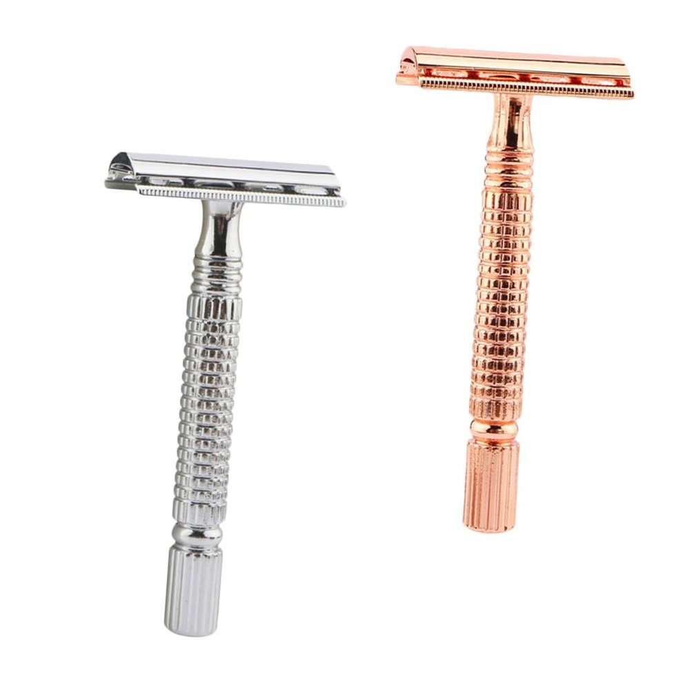 Unomor 2PCS Manual Double-edged Safety Razor for Men Lightweight Non-skid Grip Traditional Metal Shaver with Sealed Cutter Head for Close Smooth and Comfortable Shaving in Rose Gold and