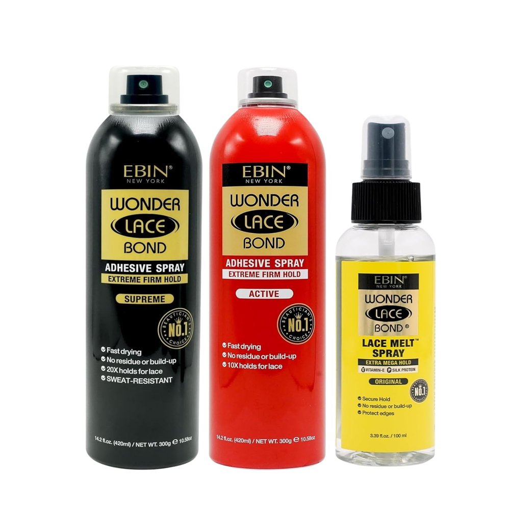 Ebin Lace Melting Spray  WonderLace Bond Wig AdhesiveSpray Supreme Bundle with Extreme Hold 14.2oz and Lace Melt Spray Mini 3.39oz by EBIN NEW YORK  Seamless Hold  Gift Set (3 Items)