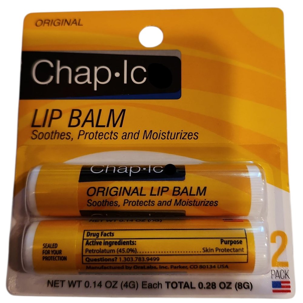 Chap-Icee Original Lip Balm, Soothes Protects and Moisturizes, 2 Pack, 0.14 oz Each, Made in USA, with Petrolatum