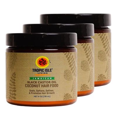Tropic Isle Living Daily Hair Moisturizer For Black Women 3x Coconut Jamaican Black Castor Oil Hair Food 4 oz Bundle with Shea Butter, Vitamin E, and Rosemary Moisturizing Gift Set (3 Items)