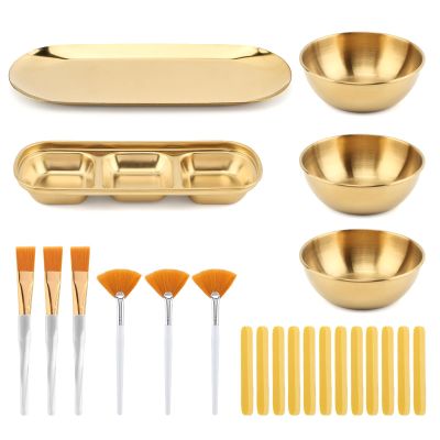 23 Pcs Esthetician Supplies 3 Stainless Steel Gold Mixing Bowls, Gold Small Serving Tray, Compartment Serving Tray, 3Facial Fan Brushes 3 Face Mask Applicator Brush