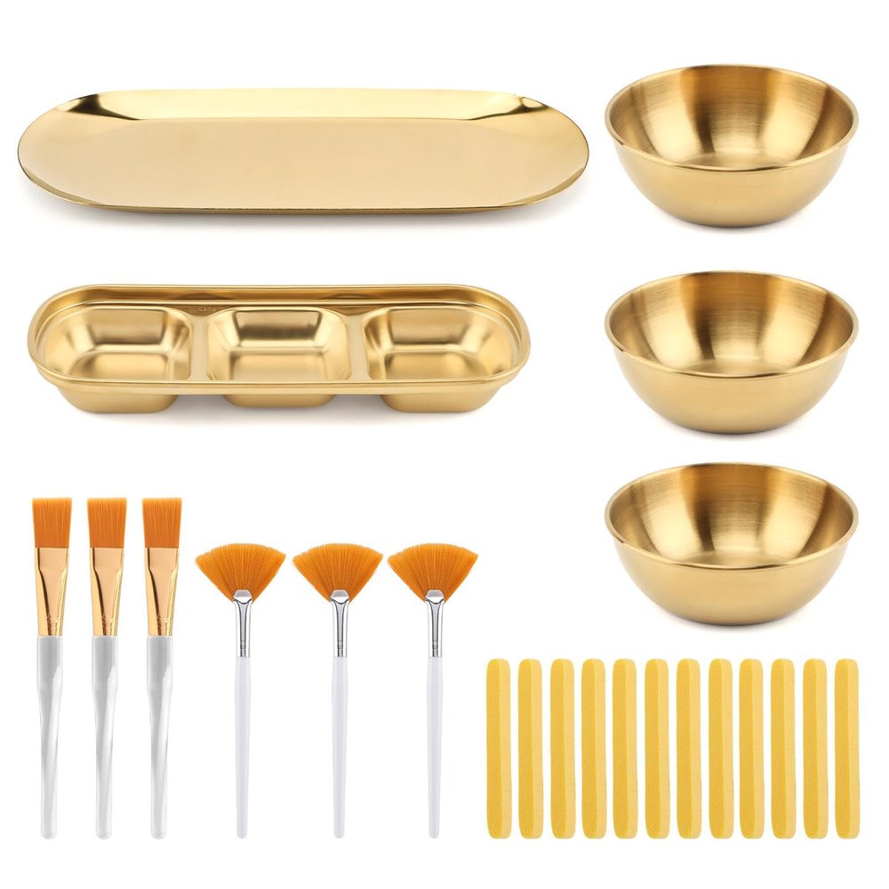 23 Pcs Esthetician Supplies 3 Stainless Steel Gold Mixing Bowls, Gold Small Serving Tray, Compartment Serving Tray, 3Facial Fan Brushes 3 Face Mask Applicator Brush