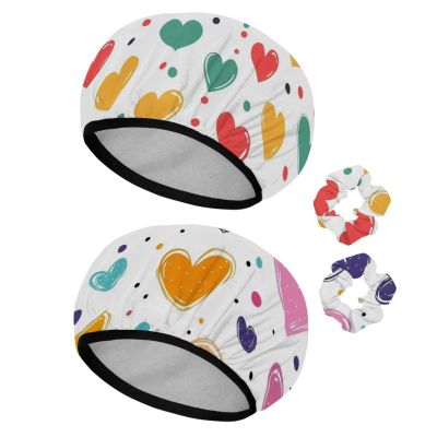 2 PCS Reusable Shower Caps with 2 Satin Scrunchies for Women, Large Waterproof Shower Bonnet Washable Elastic Band Bath Hair Hat for Long Hair, pring colored hearts and dots (12)