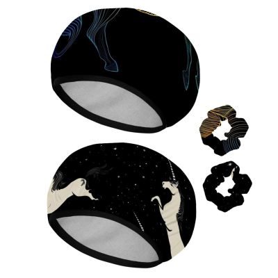 2 PCS Shower Cap for Women, Rainbow Unicorn Shower Caps + 2 Satin Scrunchies, Waterproof Bath Caps Elastic and Reusable Hair Cap for Shower